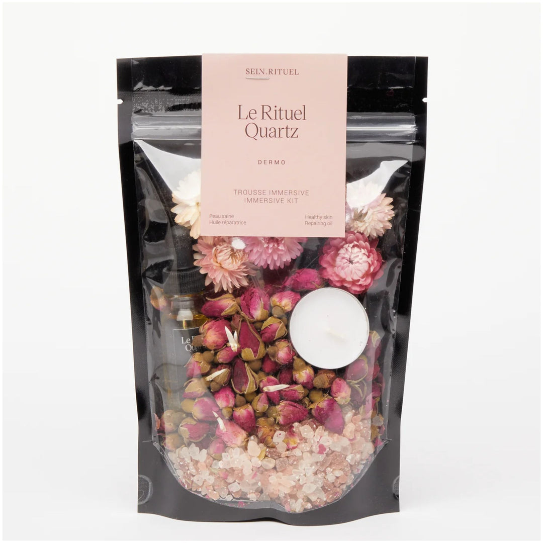 SELV Rituel Quartz Immersive Bath Ritual Kit with Himalayan pink salt, rose buds, flowers, botanical oil and floating candle
