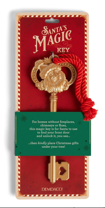 Gold Santa Magic key with red ribbon in packaging for children waiting for santa gifts that do not have a chimney