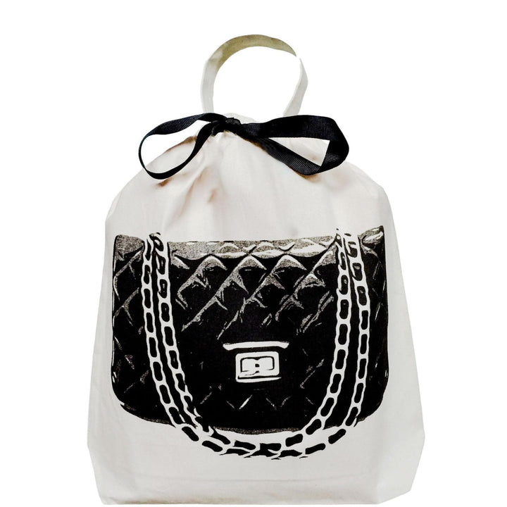 Bag-all White drawstring dust cover  for handbags  with image of  black quilted handbag design on a white background