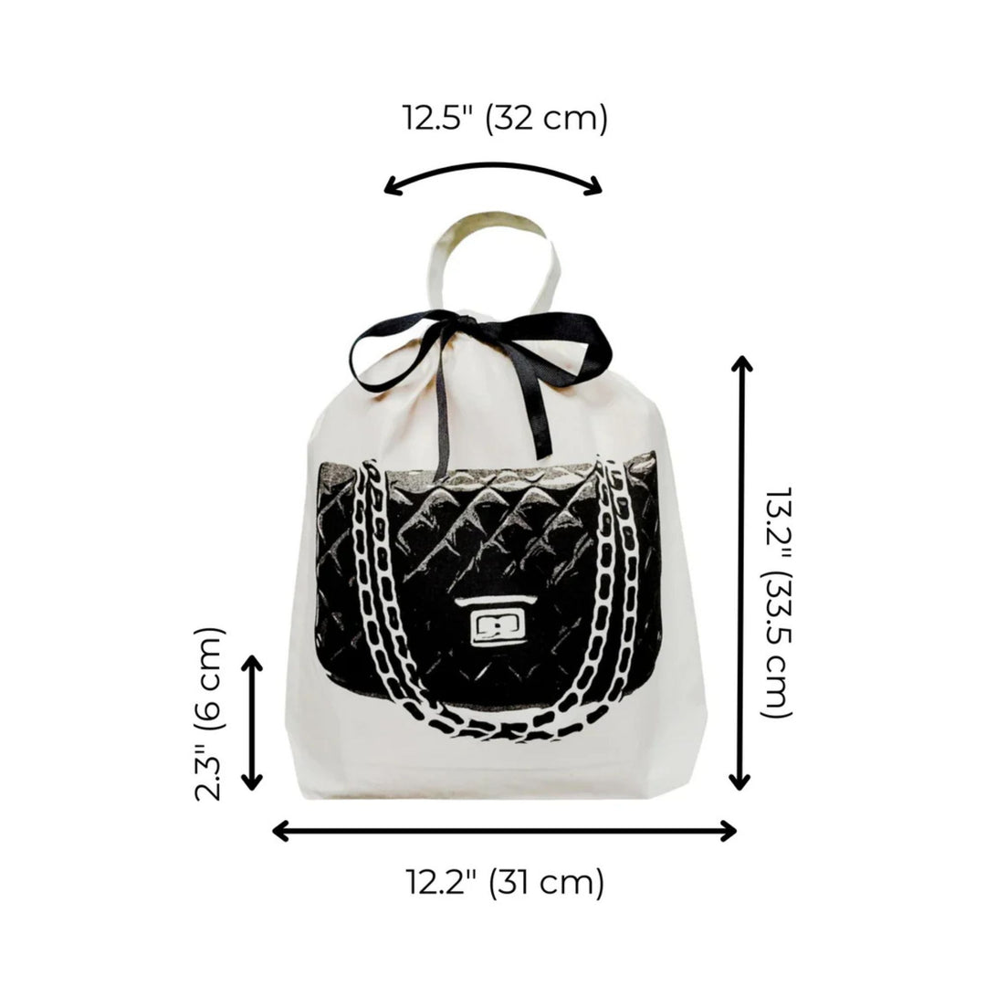 Bag-all White drawstring dust cover  for handbags  with image of  black quilted handbag design on a white background with dimensions