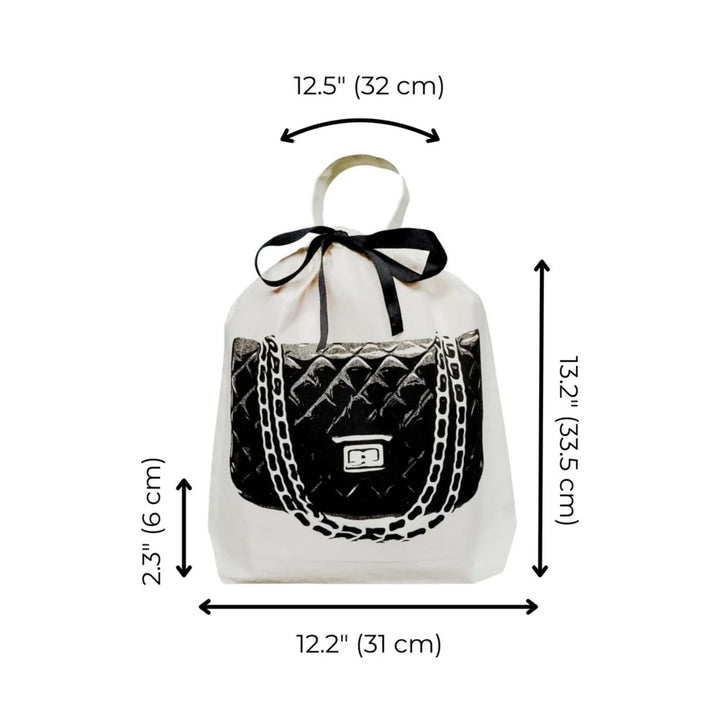 Bag-all White drawstring dust cover  for handbags  with image of  black quilted handbag design on a white background with dimensions