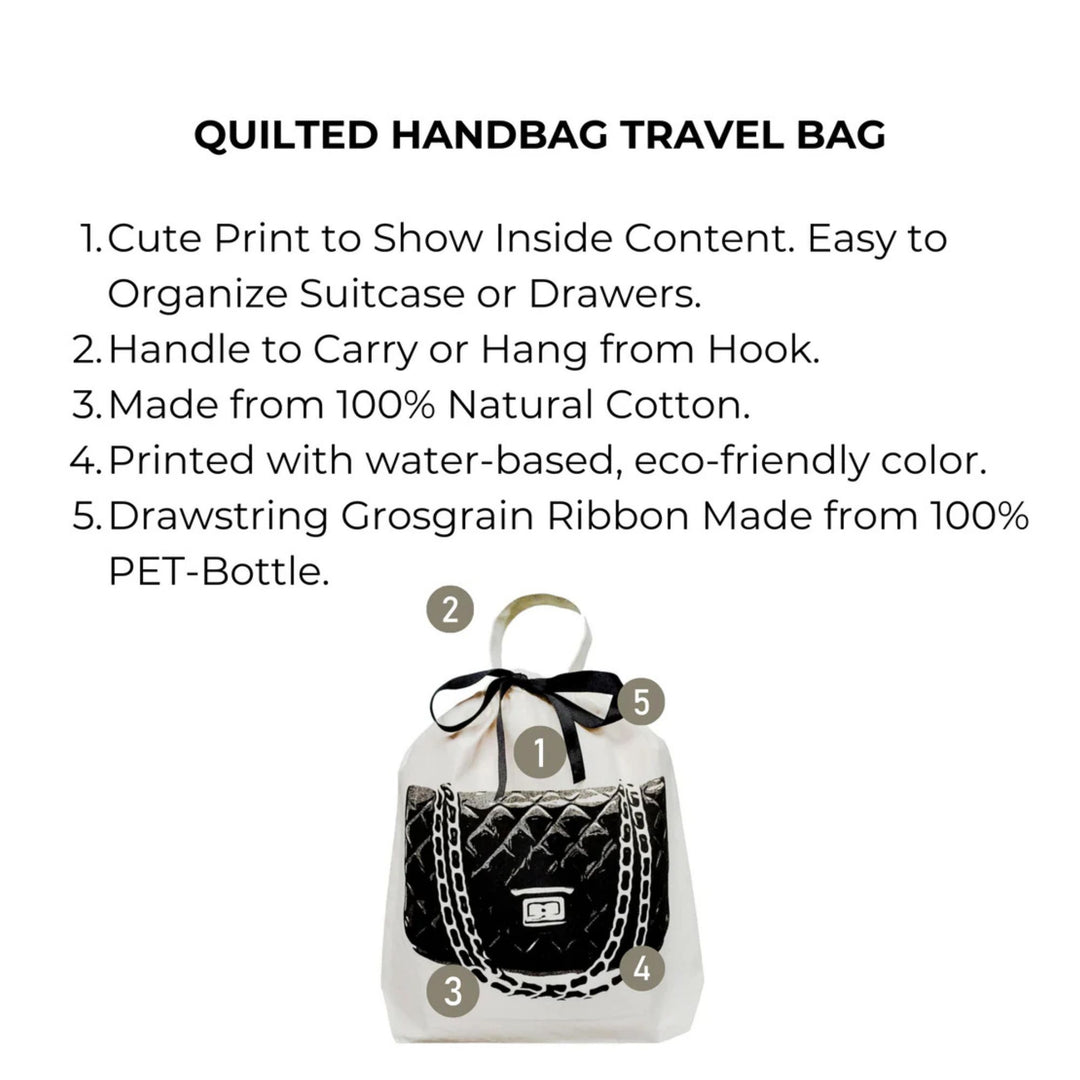 Bag-all White drawstring dust cover  for handbags  with image of  black quilted handbag design illustrating features of handbag dust cover
