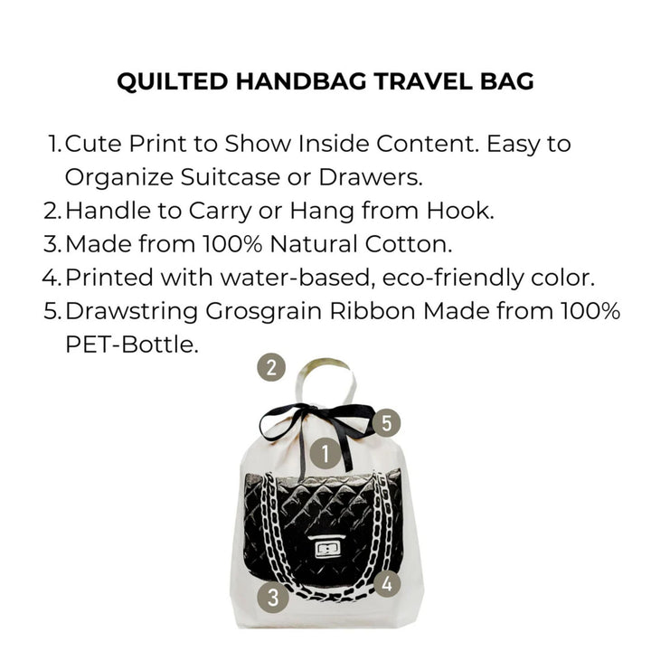 Bag-all White drawstring dust cover  for handbags  with image of  black quilted handbag design illustrating features of handbag dust cover