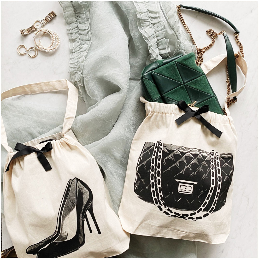 Bag-all White drawstring dust cover  for handbags  with image of  black quilted handbag design with a shoe bag - lifestyle shot