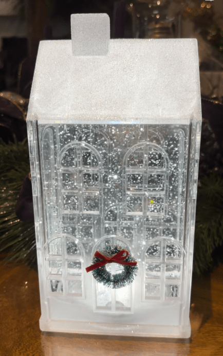 Decorative house-shaped clear water globe lantern with white and silver sparkles