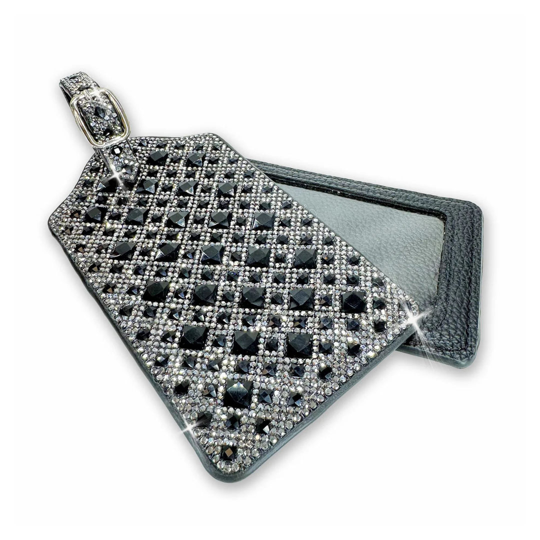 Jacqueline Kent rhinestone luggage tag with black and silver Black Diamond design and identification window