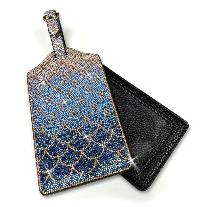 Jacqueline Kent rhinestone luggage tag with blue mermaid scale design, gold-tone detailing and identification window