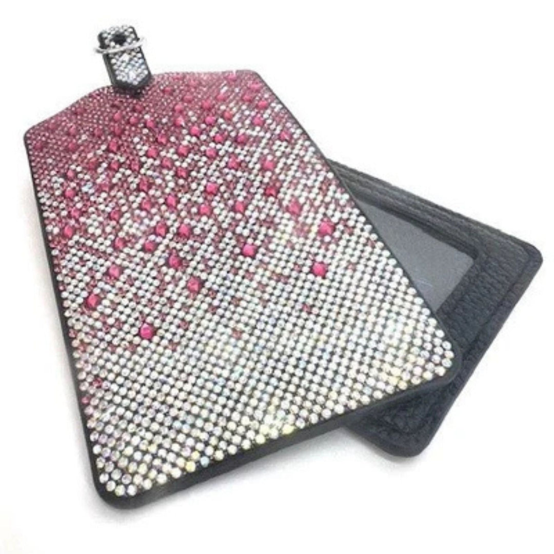 Jacqueline Kent rhinestone luggage tag with fuchsia pink and silver ombre design and identification window