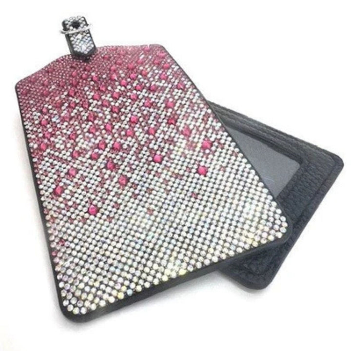 Jacqueline Kent rhinestone luggage tag with fuchsia pink and silver ombre design and identification window