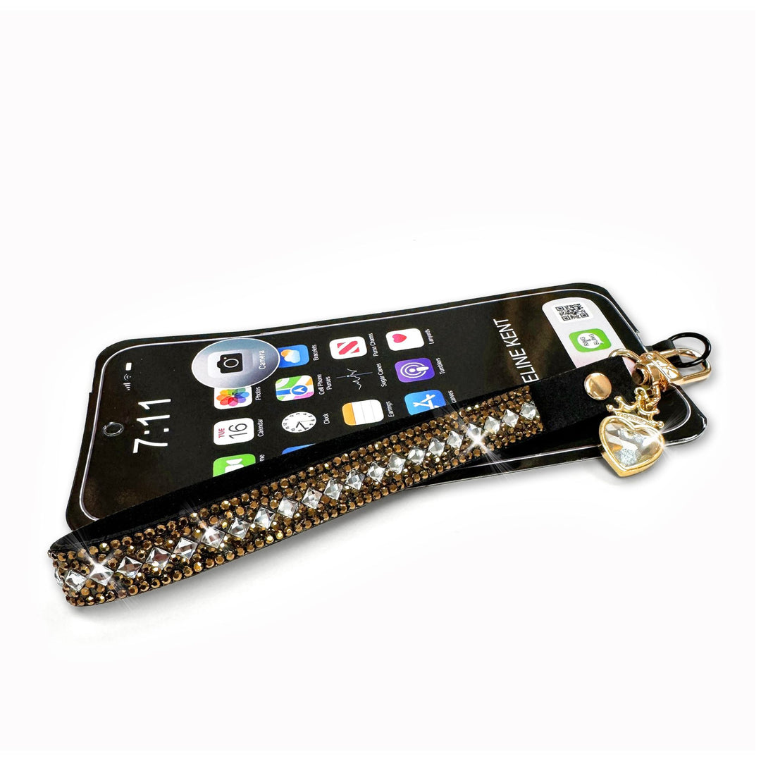 Jacqueline Kent  rhinestone phone wrist lanyard with clear stripeon gold-tone 