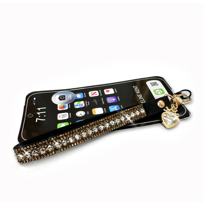 Jacqueline Kent  rhinestone phone wrist lanyard with clear stripeon gold-tone 
