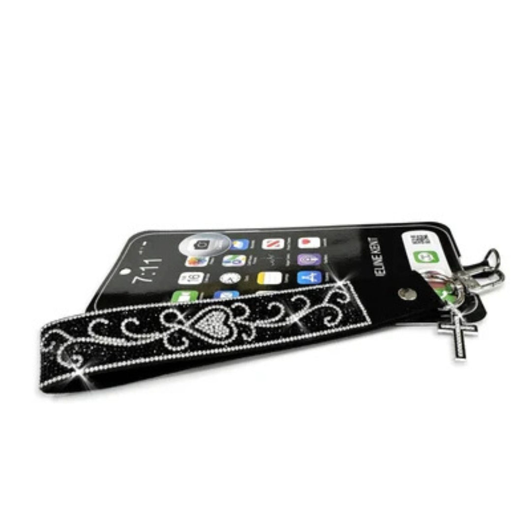 Jacqueline Kent black rhinestone phone wrist lanyard with silver decorative design