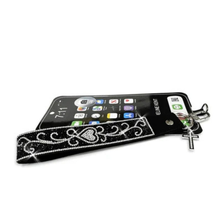 Jacqueline Kent black rhinestone phone wrist lanyard with silver decorative design