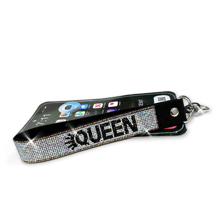 Jacqueline Kent rhinestone phone wrist lanyard silver  with black Queen design and crown detail