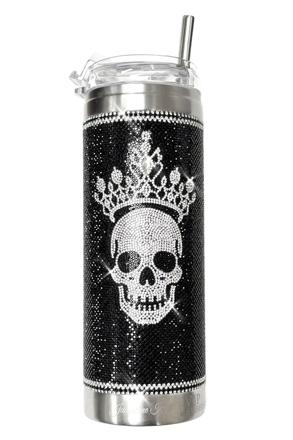 Jacqueline Kent  black and silver stainless steel tumbler with a clear lid and straw, featuring a rhinestone-embellished crown and skull design on the front.
