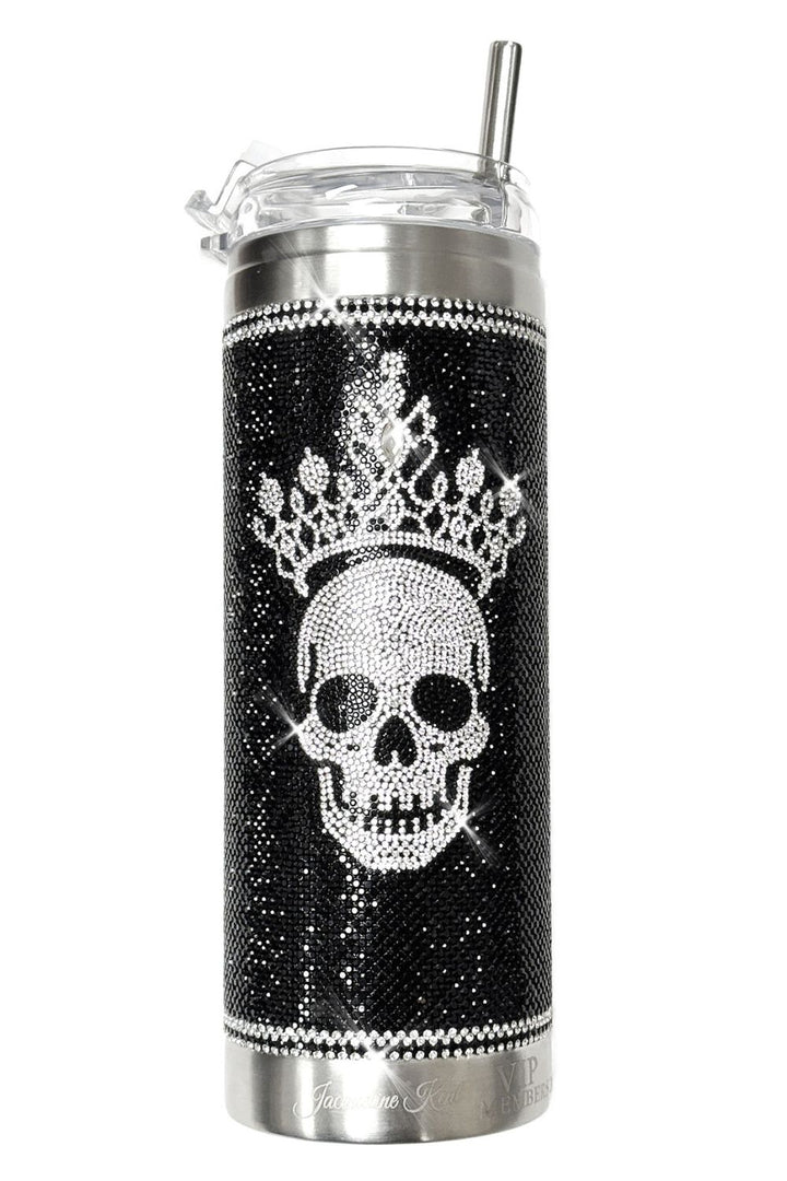 Jacqueline Kent  black and silver stainless steel tumbler with a clear lid and straw, featuring a rhinestone-embellished crown and skull design on the front.
