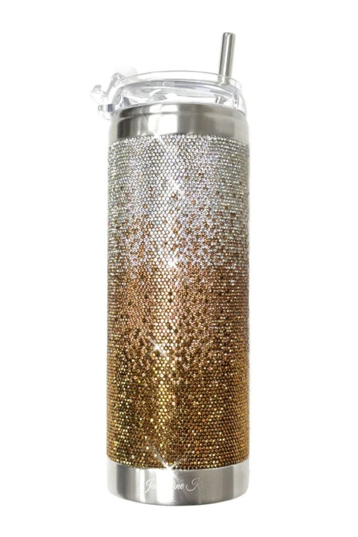 Jacqueline Kent rhinestone travel tumbler with gold ombre rhinestone design, lid and straw