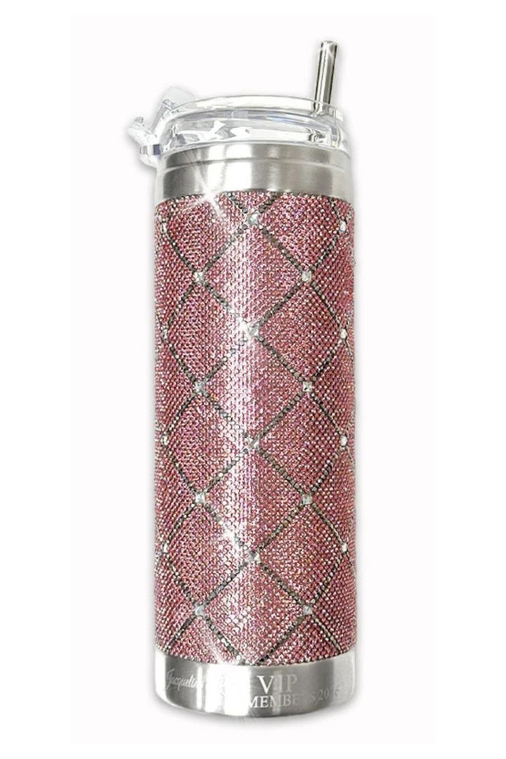 A Jacqueline Kent fancy insulated travel tumbler covered in  pink rhinestones with diamond pattern created by a rose gold lattice pattern, a stainless steel straw, and a clear plastic lid.