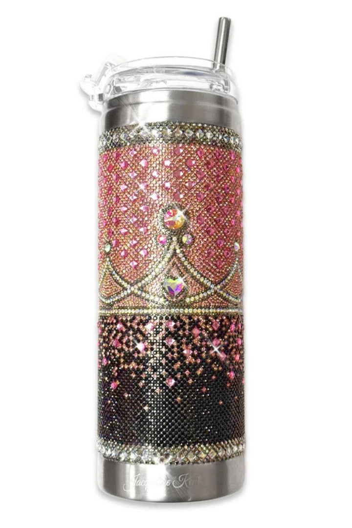 A Jacqueline Kent "Queen of Bling" stainless steel insulated fancy travel  tumbler with a clear lid and straw, decorated with pink and black rhinestone patterns and a large crown design.
