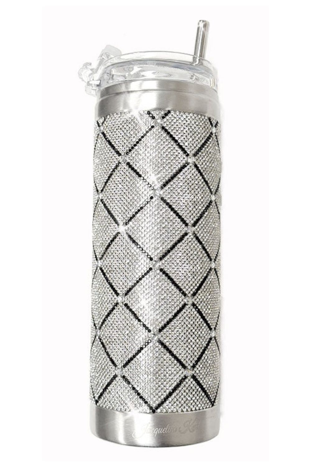 A Jacqueline Kent fancy insulated travel tumbler covered in  silver rhinestones with diamond pattern created by a black  lattice pattern, a stainless steel straw, and a clear plastic lid..