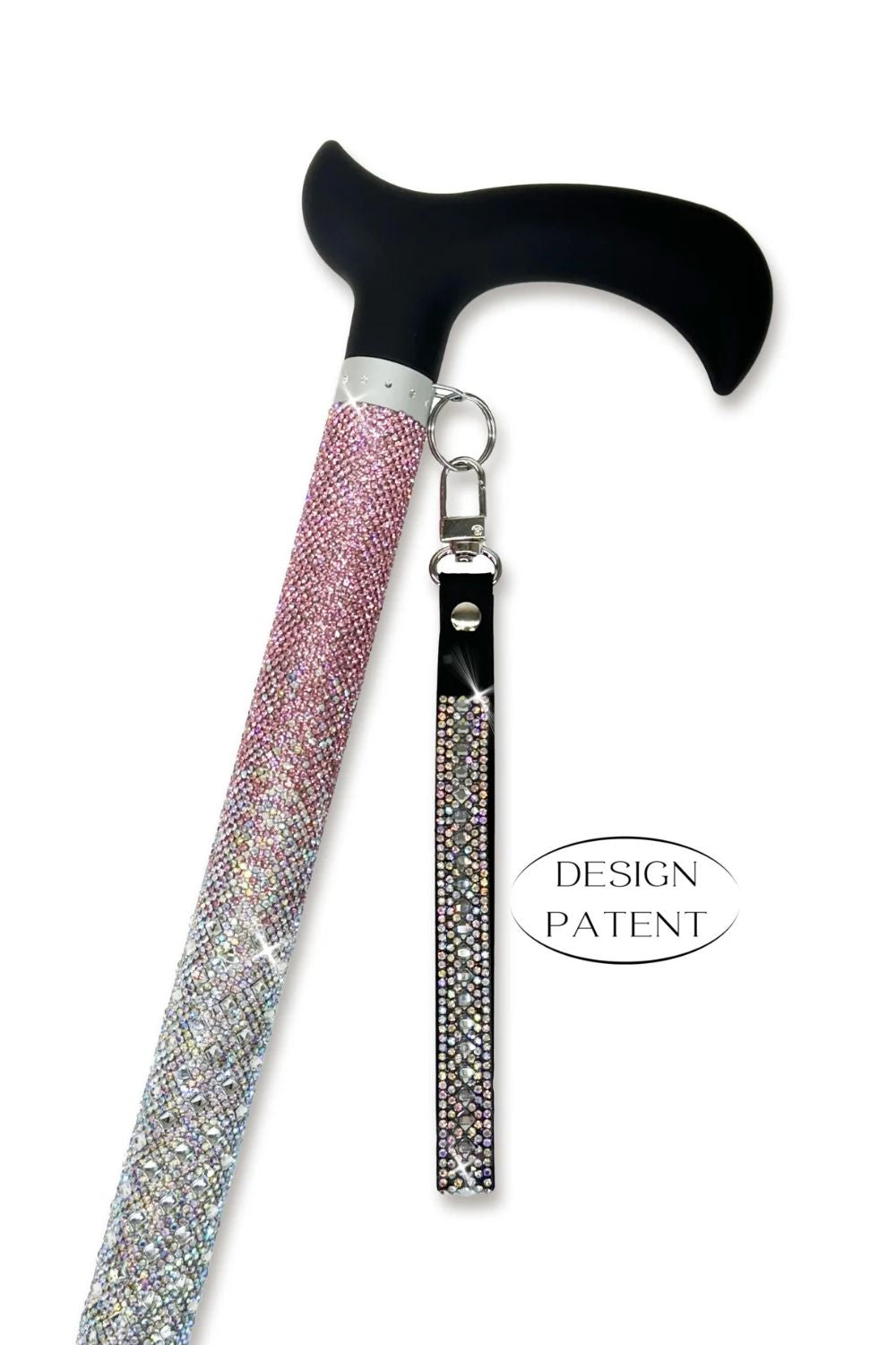 Jacqueline Kent fancy rhinestone walking cane with pink ombre rhinestones, black derby handle and rhinestone wrist strap