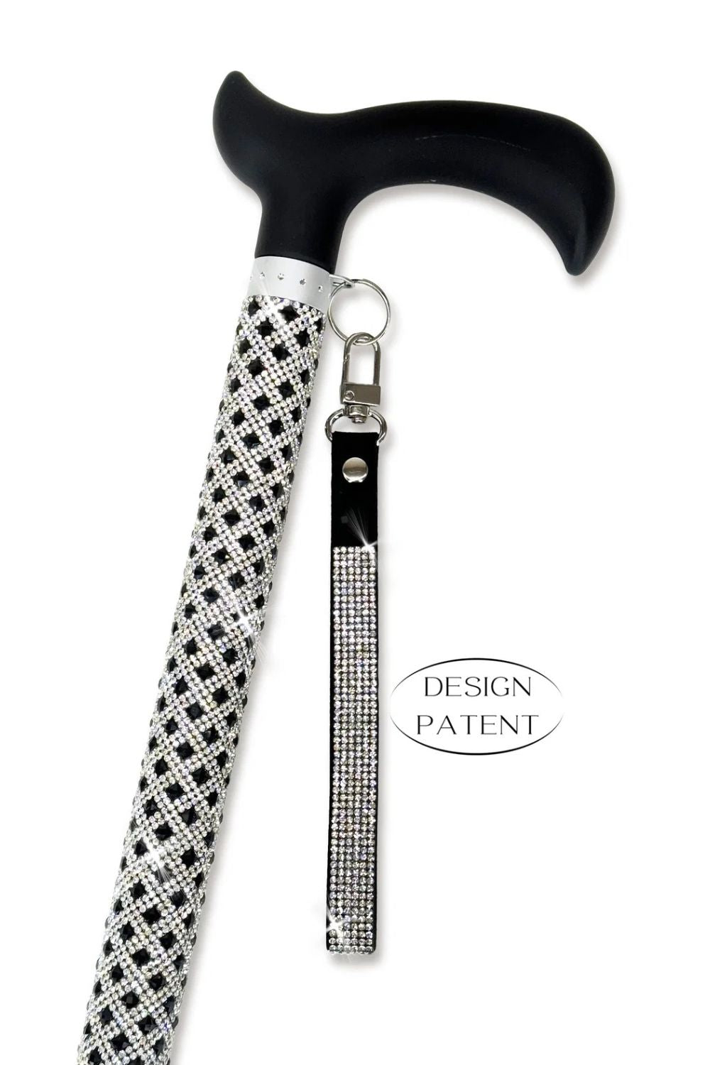 Jacqueline Kent fancy walking cane with silver and black rhinestone lattice design, black derby handle and rhinestone wrist strap