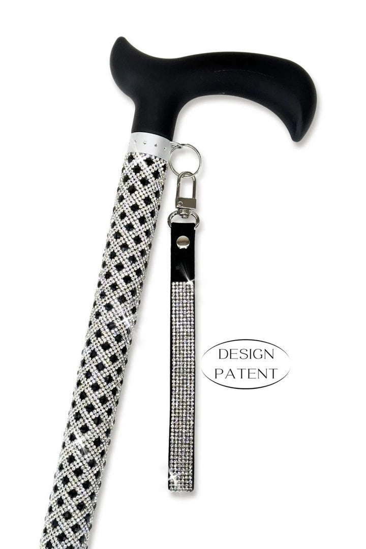 Jacqueline Kent fancy walking cane with silver and black rhinestone lattice design, black derby handle and rhinestone wrist strap