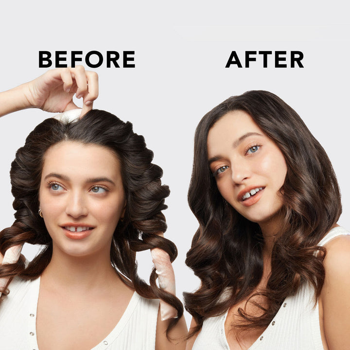 Before and after of Kitsch satin heatless curling set