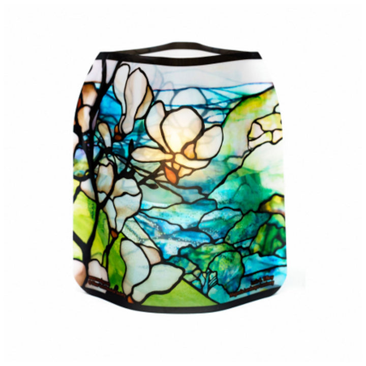 Stained-glass-style reusable Modgy Tiffany Magnolia Landscape LED luminary featuring Louis C. Tiffany's iconic magnolia artwork. Useful table centrepiece for any occasion and entertaining