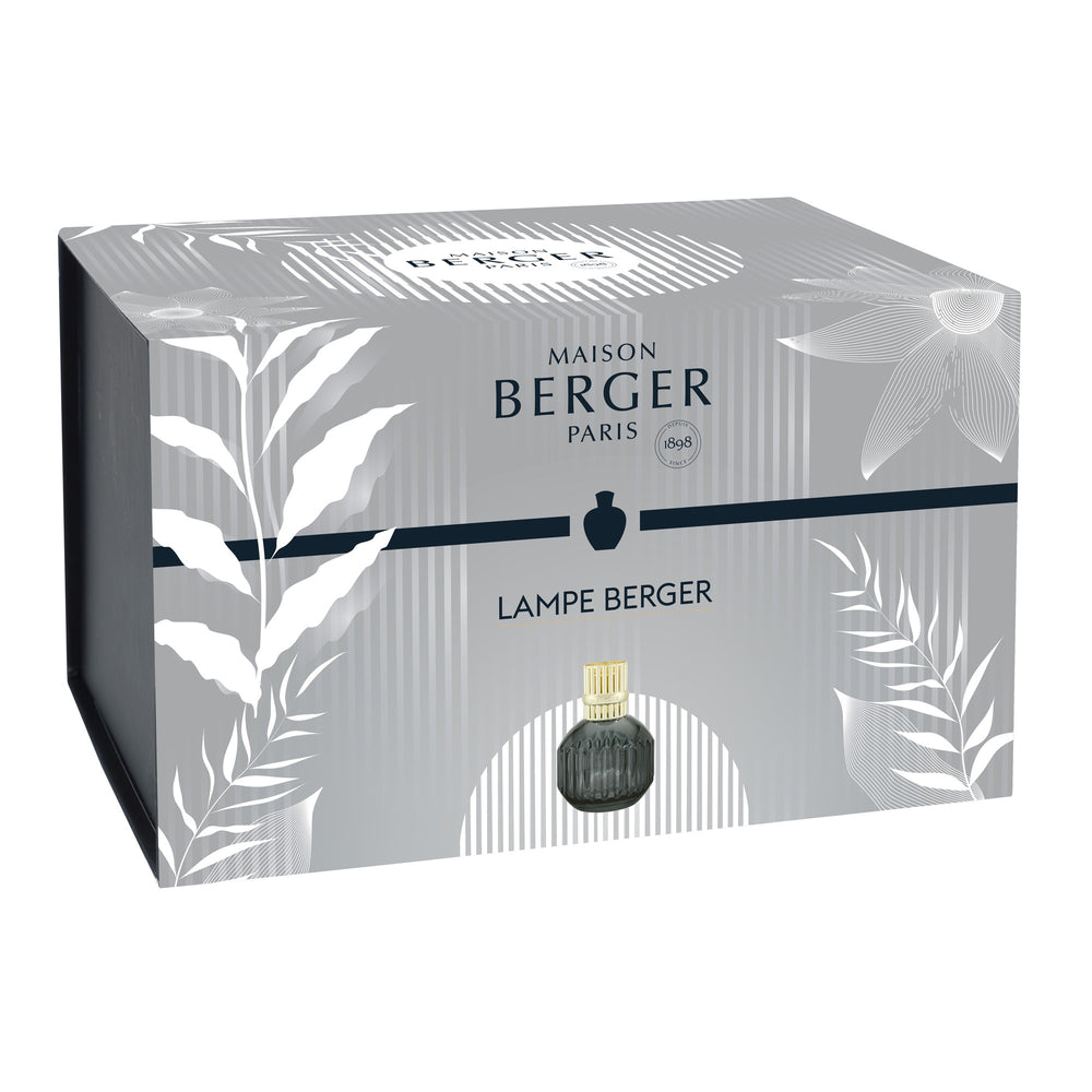 Lampe Berger Cannelo Grey home fragrance lamp packaging: grey botanical-patterned gift box.
