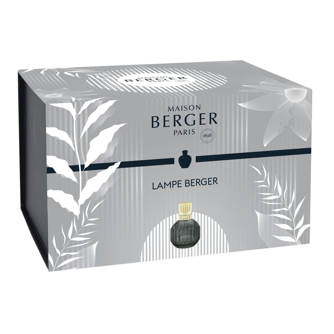 Lampe Berger Cannelo Grey home fragrance lamp packaging: grey botanical-patterned gift box.

