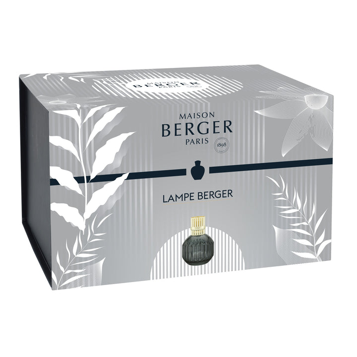 Lampe Berger Cannelo Grey home fragrance lamp packaging: grey botanical-patterned gift box.
