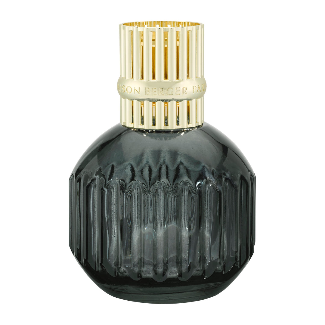 Lampe Berger Cannelo Grey home fragrance lamp in smoke-grey fluted glass with a gold-coloured slotted diffuser top