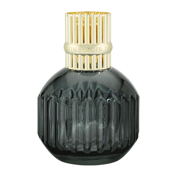 Lampe Berger Cannelo Grey home fragrance lamp in smoke-grey fluted glass with a gold-coloured slotted diffuser top