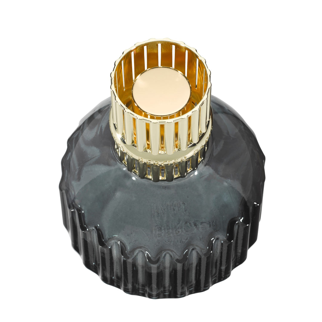 Lampe Berger modern Cannelo Grey home fragrance lamp viewed from above, showing its gold-coloured slotted diffuser top.