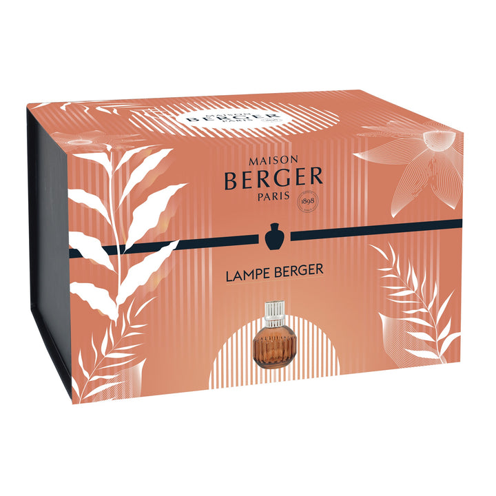 Maison Berger Paris Lampe Berger gift box in a terracotta orange color with white botanical illustrations and a black horizontal stripe, for Cannelo Paprika lamp