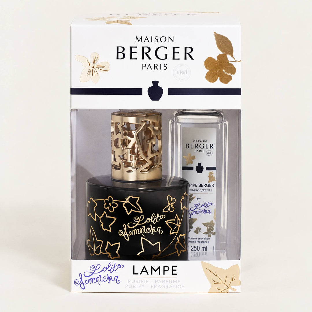 White and gold Lolita Lempicka gift box with a window showing the black lamp and 250ml signature lolital lempicka fragrance refill.