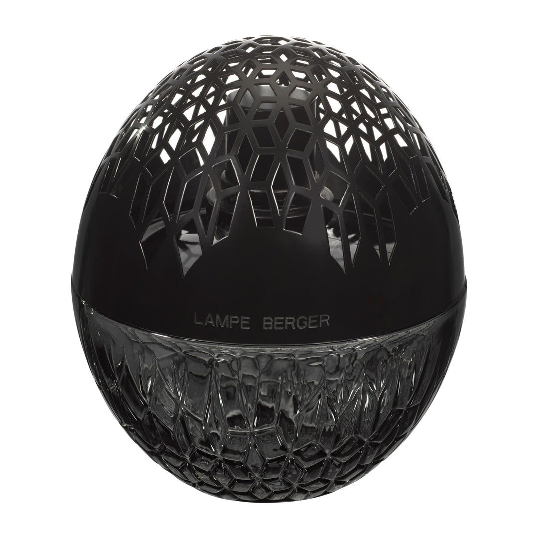 Lampe Berger Luka Black home fragrance oval shaped lamp in dark grey patterned glass with a black domed metal diffuser top with geometric cut-outs, front view.
