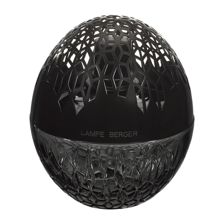 Lampe Berger Luka Black home fragrance oval shaped lamp in dark grey patterned glass with a black domed metal diffuser top with geometric cut-outs, front view.
