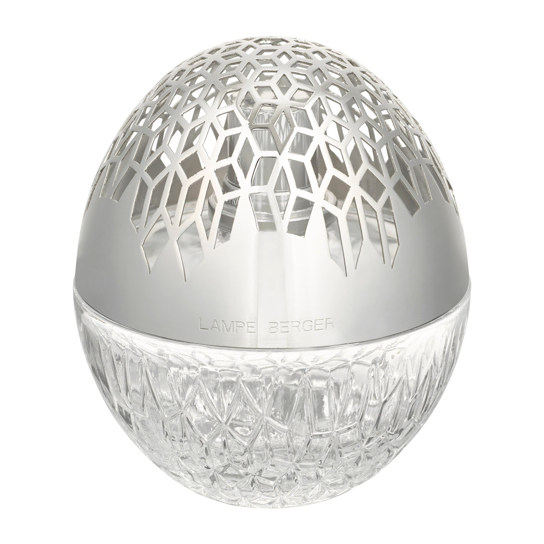 Lampe Berger textured glass base  and matte finsihed silver spherical diffuser cap with a geometric cutout top and faceted clear base on a white background.
