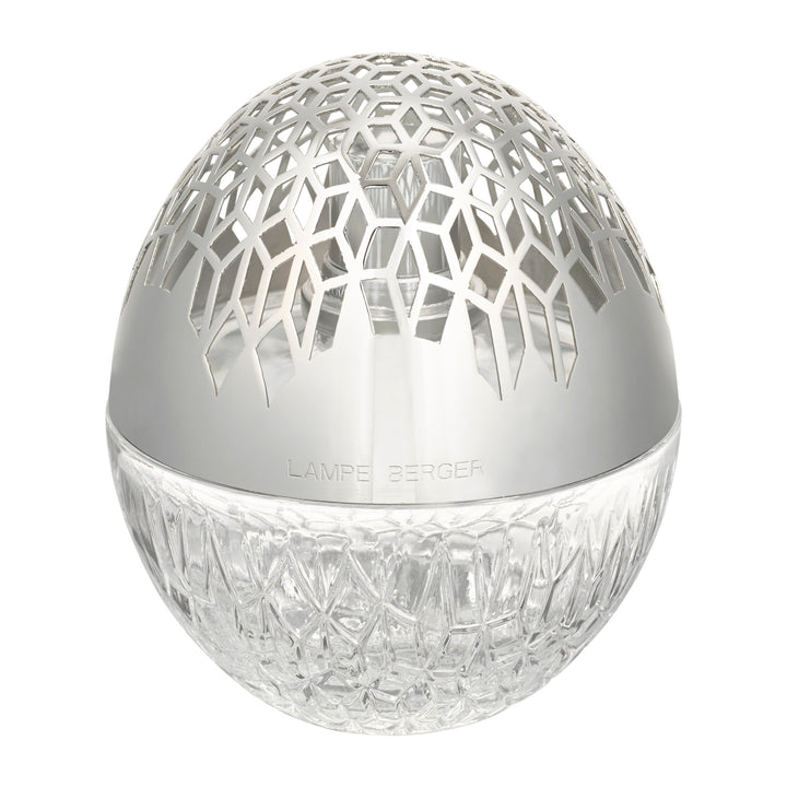 Lampe Berger textured glass base  and matte finsihed silver spherical diffuser cap with a geometric cutout top and faceted clear base on a white background.