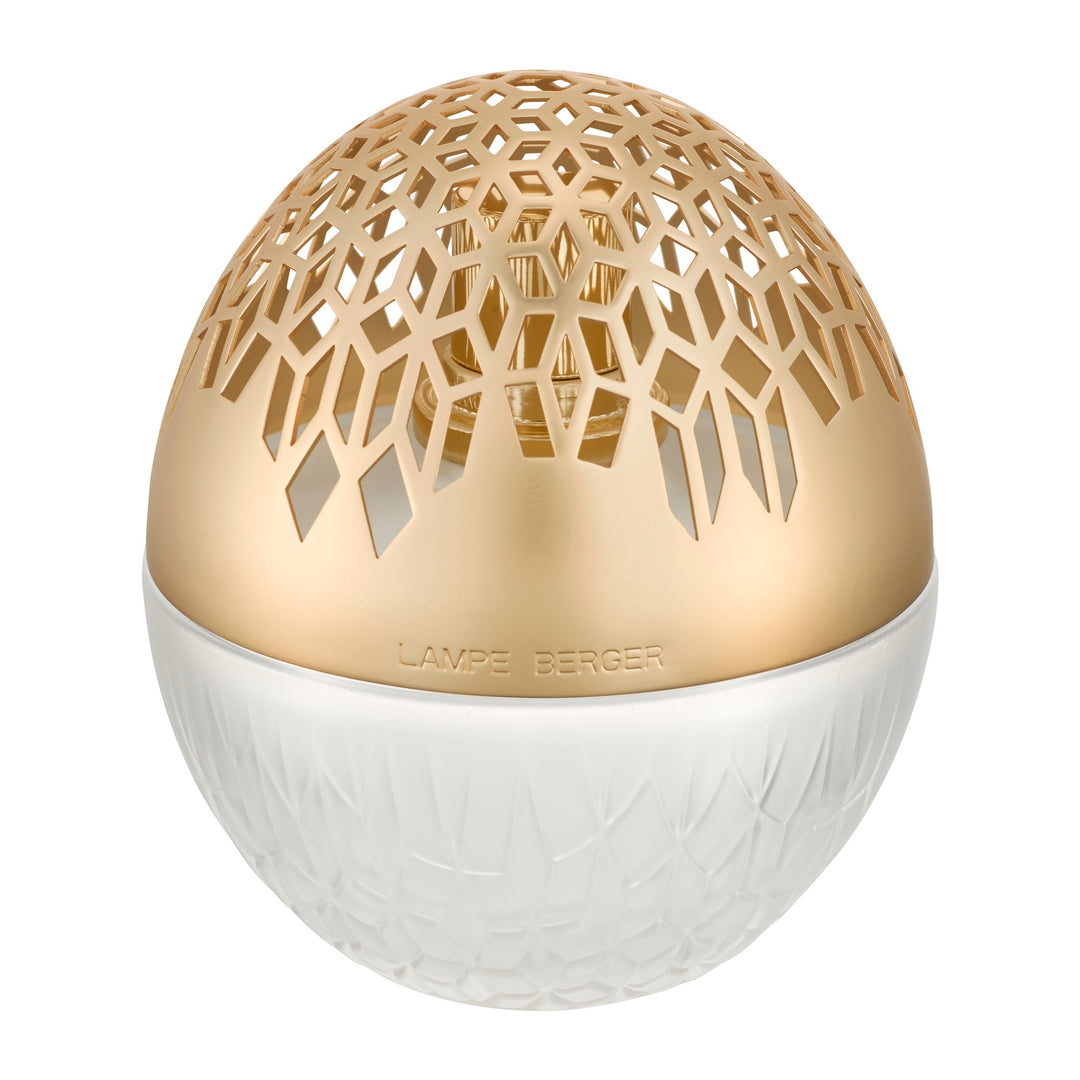 Lampe Berger LUKA frosted spherical home fragrance lamp with a diffuser with a gold laser-cut top and a textured frosted white lower half.