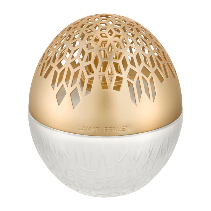 Lampe Berger LUKA frosted spherical home fragrance lamp with a diffuser with a gold laser-cut top and a textured frosted white lower half.