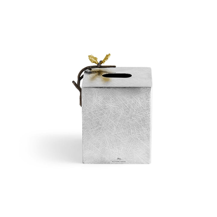Michael Aram Butterfly Ginkgo Square Tissue Box handcrafted with hand textured stainless steel, natural and oxidized brass, featuring sculptural butterfly and ginkgo leaf details.