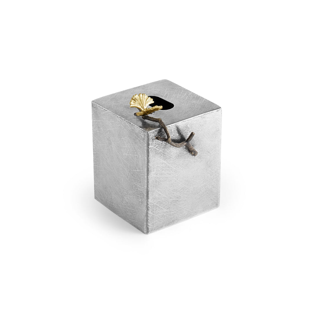 Michael Aram Butterfly Ginkgo Square Tissue Box handcrafted with hand textured stainless steel, natural and oxidized brass, featuring sculptural butterfly and ginkgo leaf details.  Angle photo