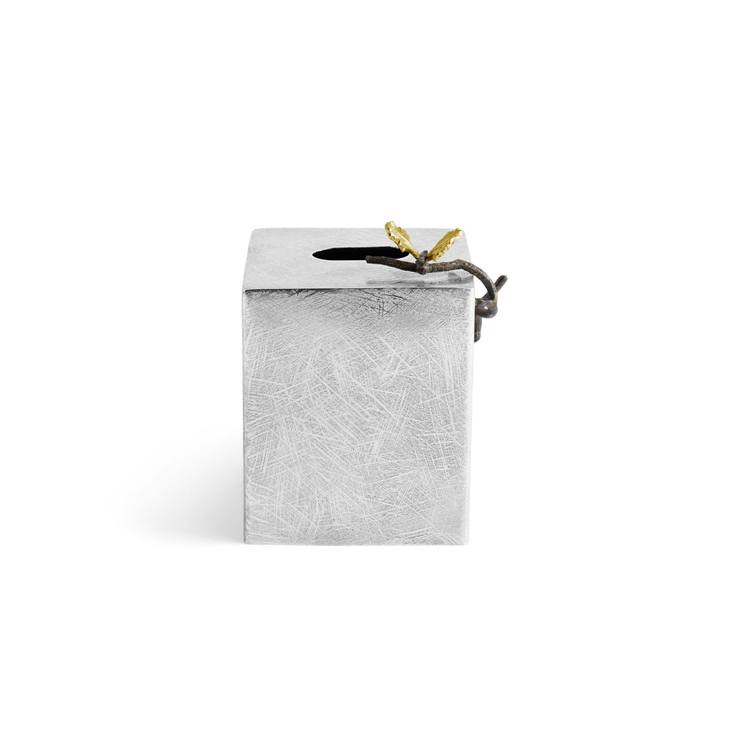 Michael Aram Butterfly Ginkgo Square Tissue Box handcrafted with hand textured stainless steel, natural and oxidized brass, featuring sculptural butterfly and ginkgo leaf details.