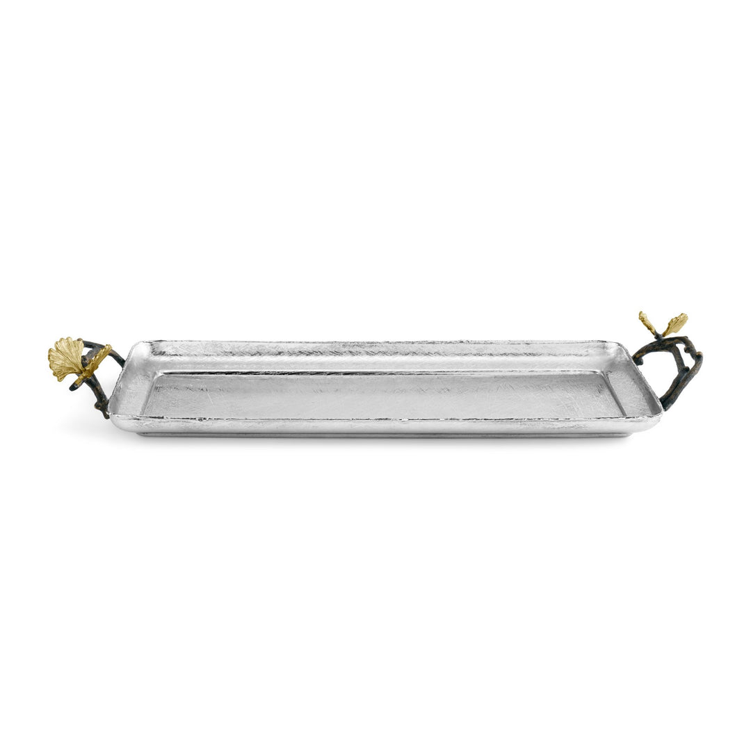Michael Aram Butterfly Ginkgo decorative Tray handcrafted in hand textured stainless steel with natural and oxidized brass butterfly ginkgo handles. for bedroom, bathroom accessory