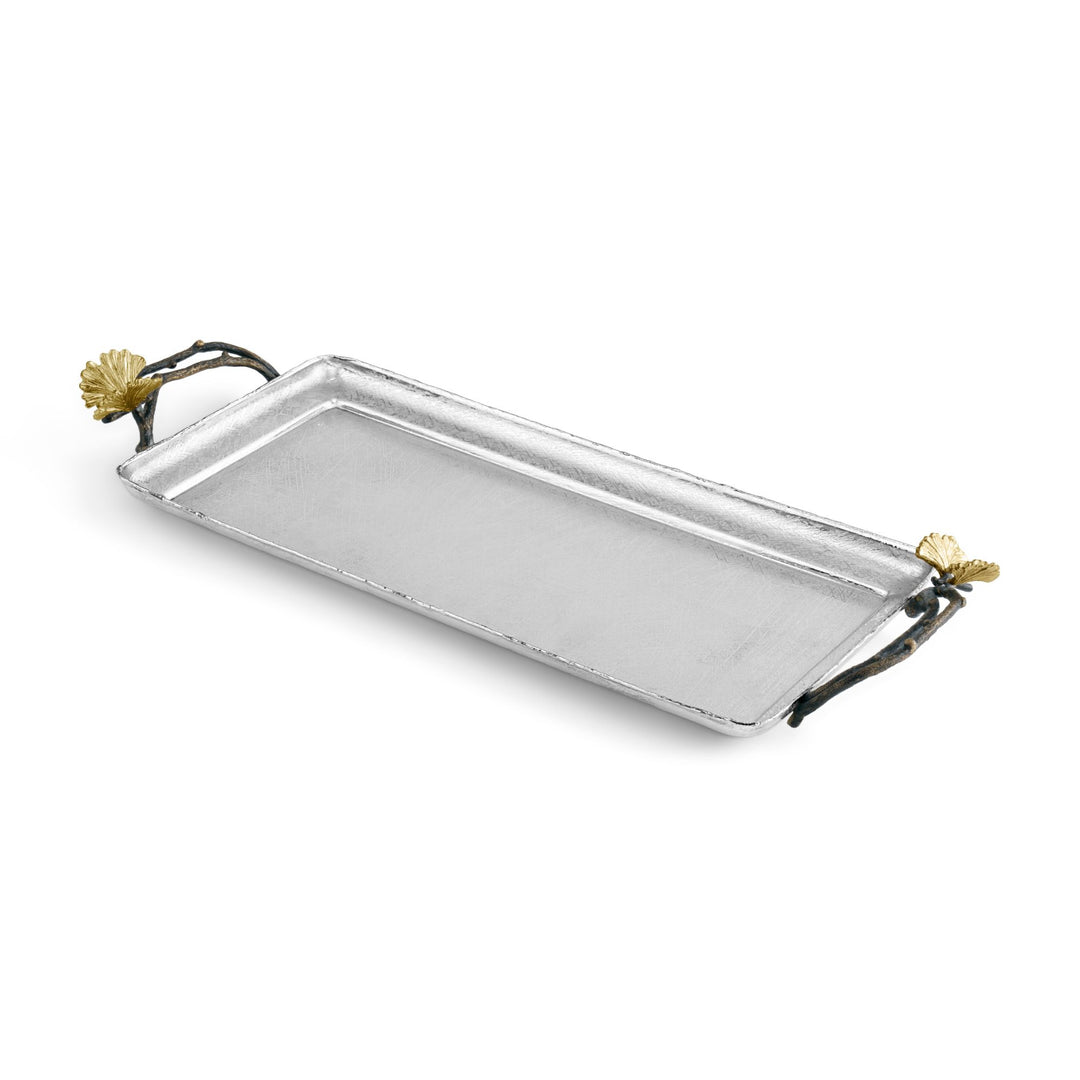 Michael Aram Butterfly Ginkgo decorative Tray handcrafted in hand textured stainless steel with natural and oxidized brass butterfly ginkgo handles. Used for bedroom, bathroom accessory. Angle