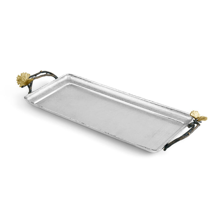 Michael Aram Butterfly Ginkgo decorative Tray handcrafted in hand textured stainless steel with natural and oxidized brass butterfly ginkgo handles. Used for bedroom, bathroom accessory. Angle