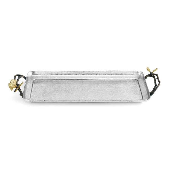 Michael Aram Butterfly Ginkgo decorative Tray handcrafted in hand textured stainless steel with natural and oxidized brass butterfly ginkgo handles. for bedroom, bathroom accessory